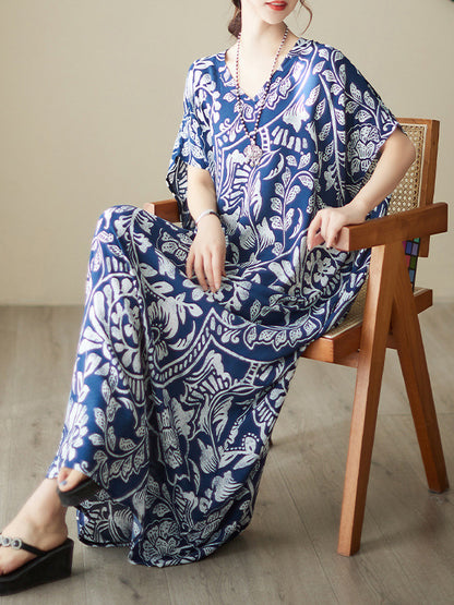 Loose Short Sleeves Printed V-neck Maxi Dresses