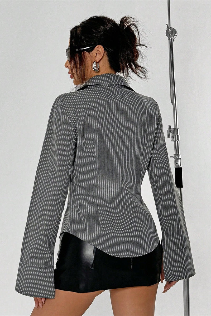 Striped Buttoned Long-sleeve Blouse