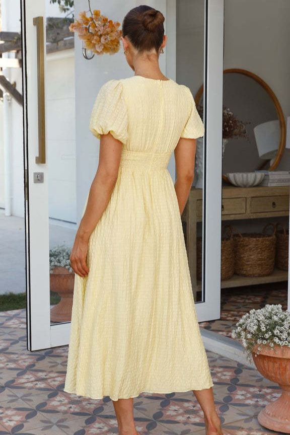 V Neck Puff Sleeve Flared Midi Dress