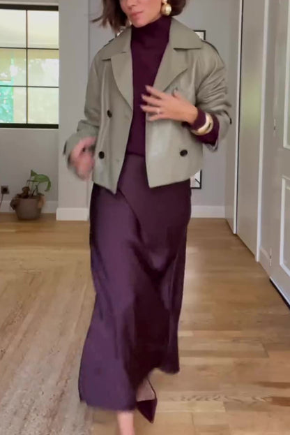 Jaelyn Color Turtleneck Long Sleeve Sweater and Satin Elastic Waist Maxi Skirt Set