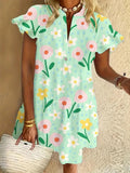 Flower Ruffled Short-sleeved V-neck Buttoned Dress Vacation Beach Dress