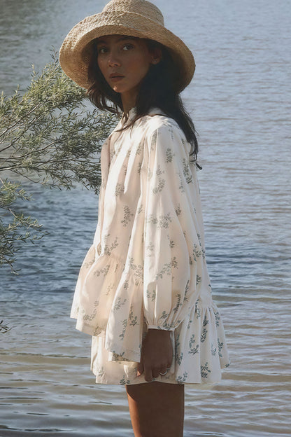 Puff Sleeve High Neck Ruffle Two Piece Set