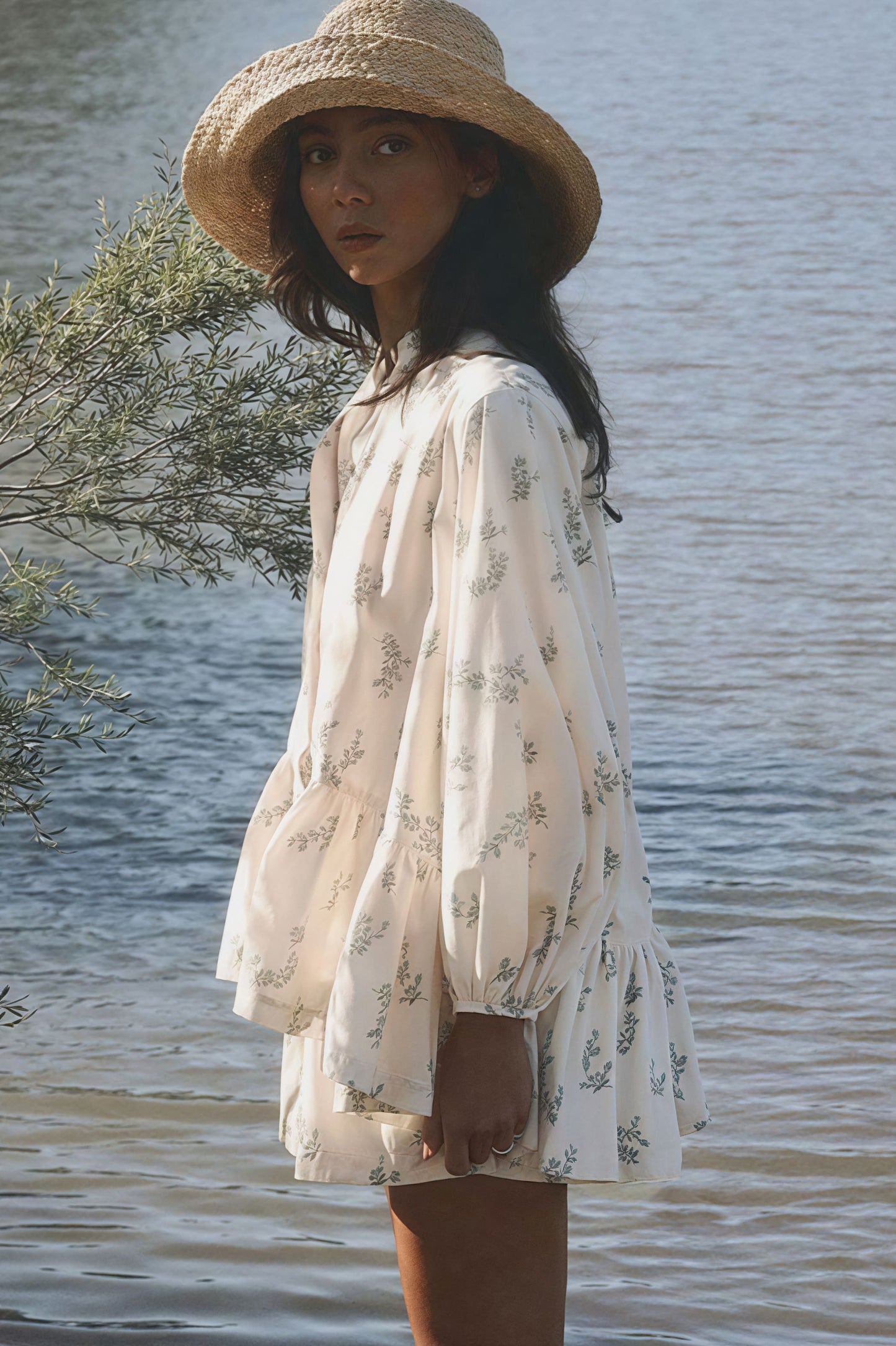 Puff Sleeve High Neck Ruffle Two Piece Set