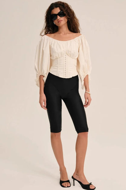 Corset Back Bow Puff Sleeve Blouse