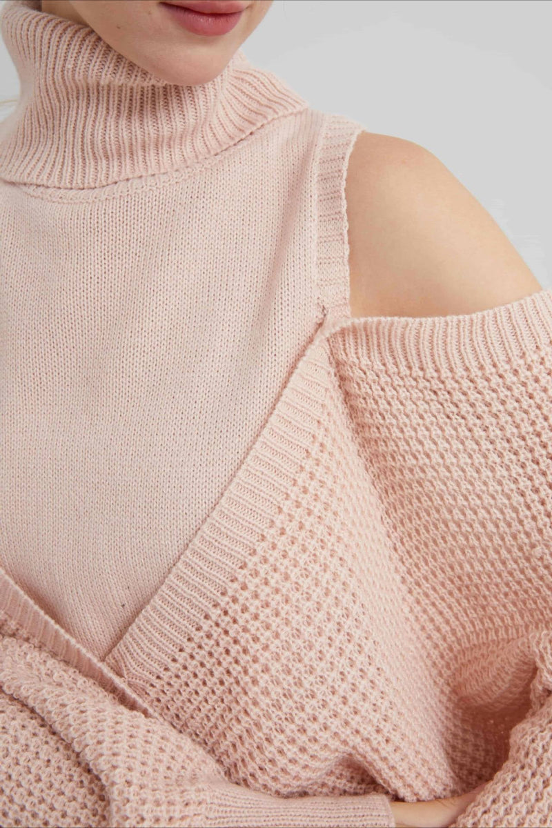 High Neck Off-shoulder Double Layer Knit Sweater