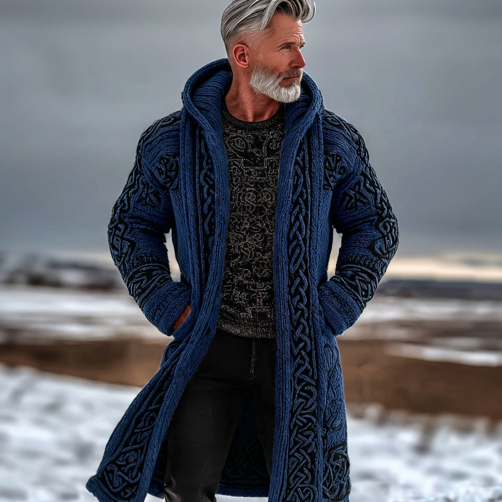 Men's Vintage Celtic Knot Knit Long Hooded Sweater Jacket artswardrobe