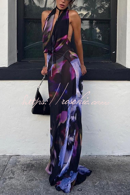 Bold and Tie-dye Abstract Halter Drape Neck Backless Maxi Dress