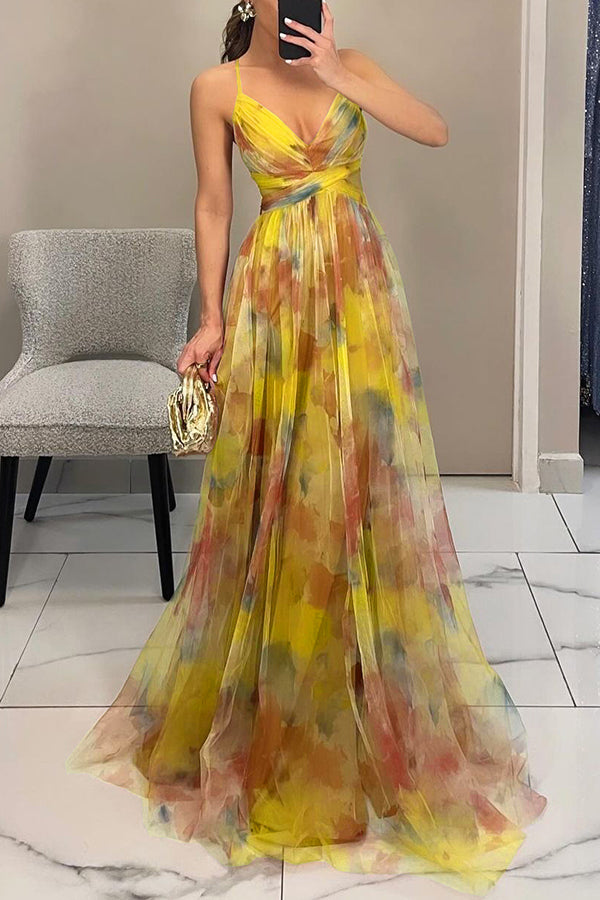 ' Summer Princess Chiffon Printed Hollow Waist and Back Lace Up Long Dress