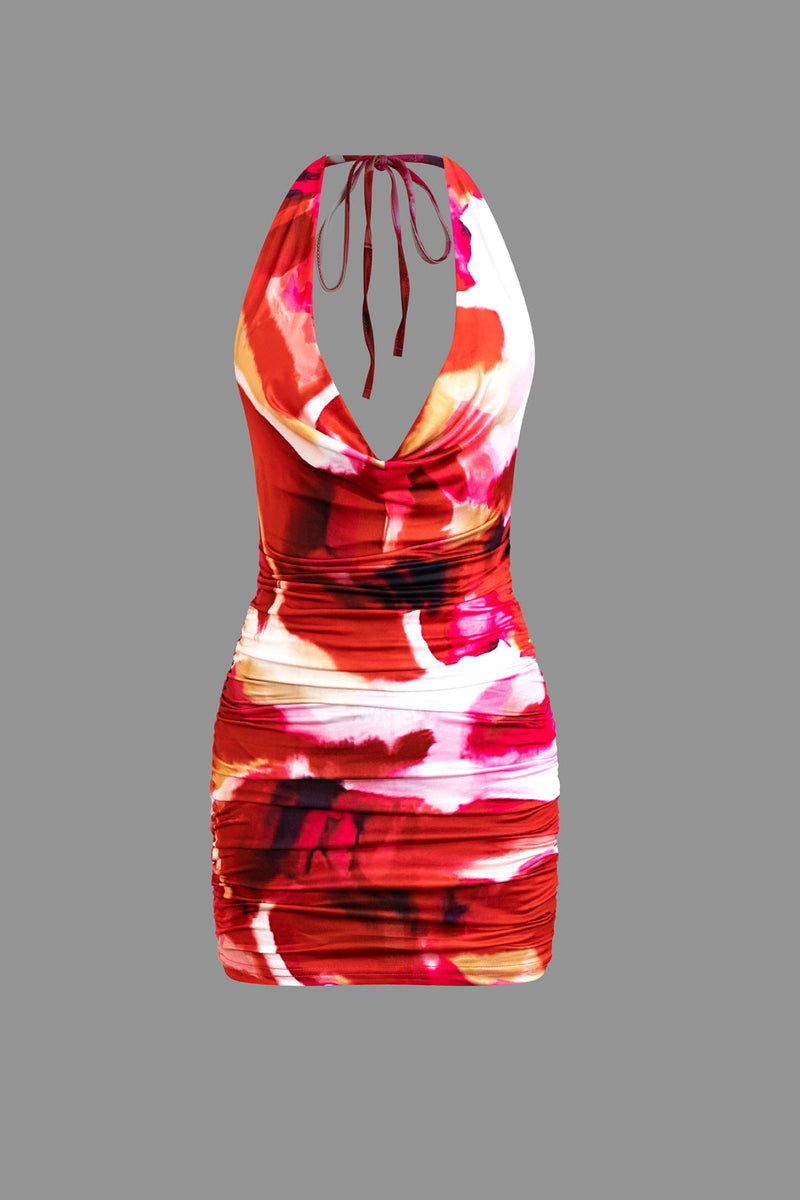 Crimson Tie Dye Halter V Neck Backless Mini Dress