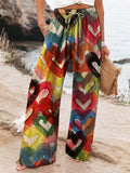 Women's Vintage Lovely Hearts Art Printed Cotton And Linen Casual Pants
