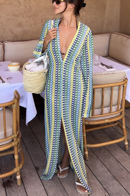 Cardigan Beach Knitted Colorful Wave Print Long Sleeved Vacation Dress