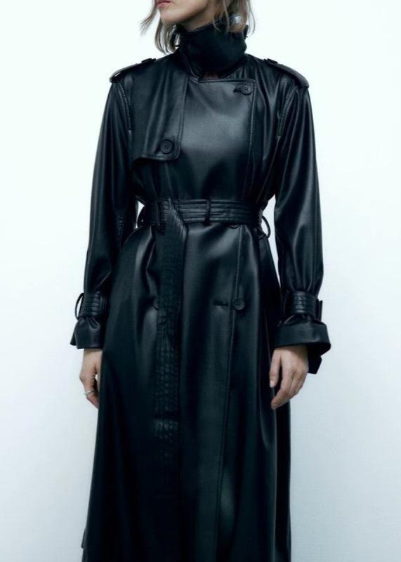 Black Belted Long Leather Wind Coat for