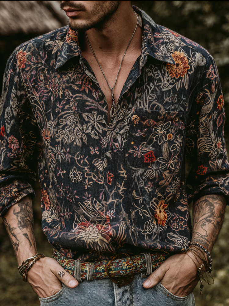 Western Style Bohemian Plant Flower Pattern Color Block Patchwork Retro Cotton And Linen Men's Shirt elevenforest