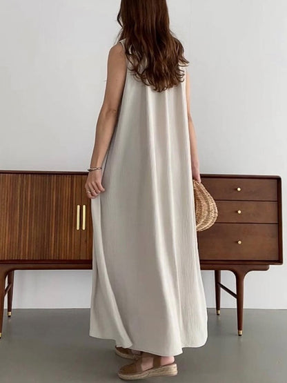 High Waisted Loose Pleated Color Tied Round-neck Maxi Dresses
