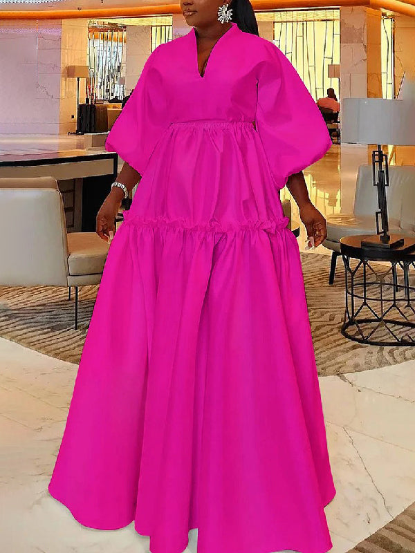 High Waisted Puff Sleeves Falbala Color V-neck Maxi Dresses