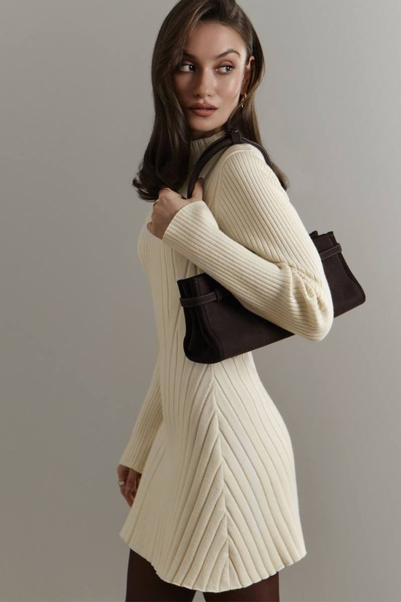 Playful Knit Mock Neck Long Sleeve a Line Mini Dress