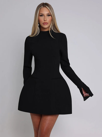 Long Sleeve Backless Mini Dress for Autumn Winter New O Neck High Waist A-line Club Party Dress