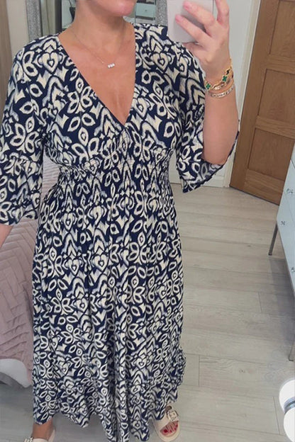 Print V-neck Waist Wrap Long Dress