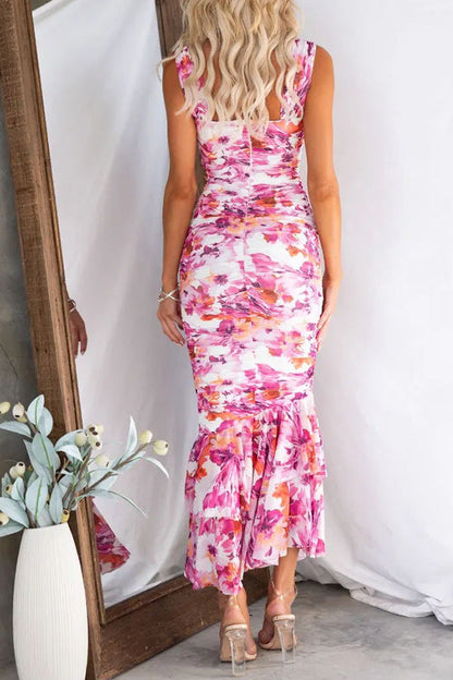 Styled to Perfection Ruched Mesh Overlay Ruffle Hem Maxi Dress