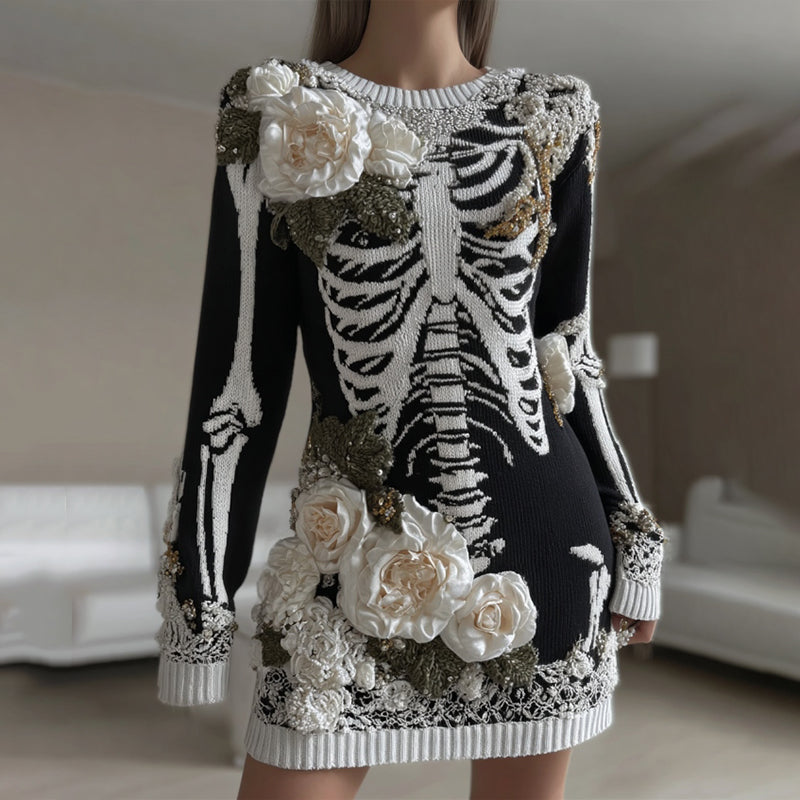 Comstylish Women's Halloween Skeleton Bones With Rose Art Cozy Knit Sweater Dress