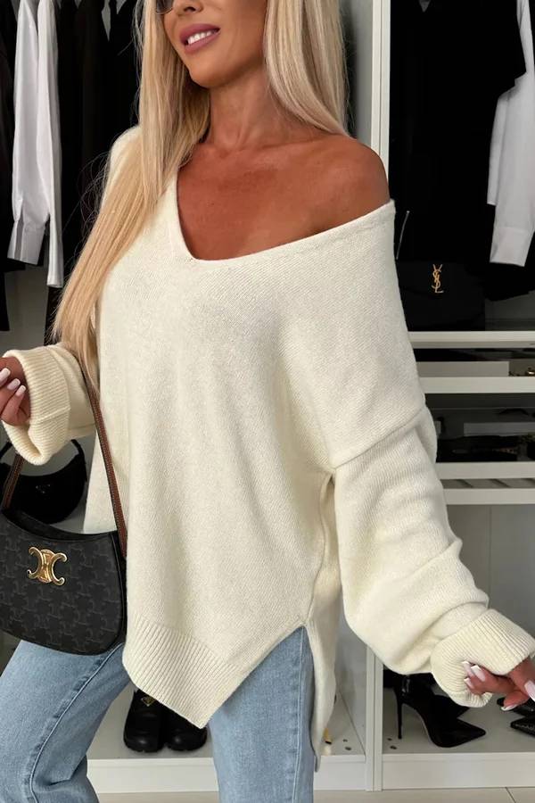 Cold Weather Knit Color Long Sleeve V-neck Irregular Relaxed Sweater