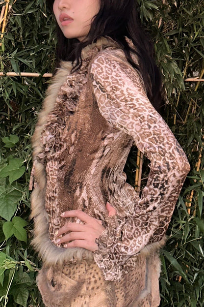 Harajuku Leopard Fur V-neck Blouse
