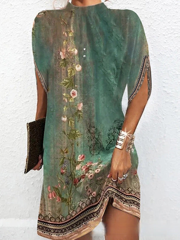 Batwing Sleeves Loose Flower Print Round-neck Mini Dresses