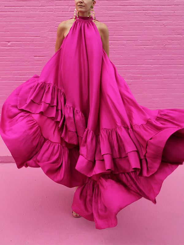 Loose Sleeveless Falbala Color Stand Collar Maxi Dresses