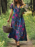 Women's Artistic Floral Navy Vintage Print V-Neck Dress