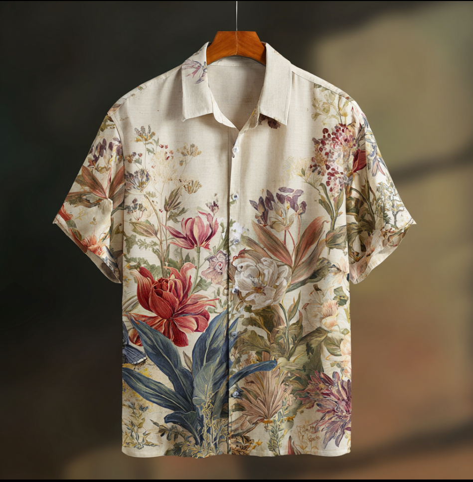Bohemian Style Plant And Flower Pattern Men's Retro Cotton And Linen Shirt elevenforest