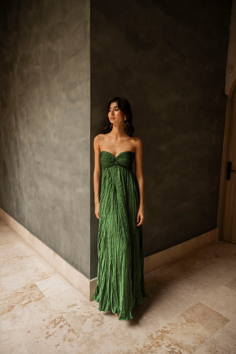 Strapless Pleated Maxi Dress – Emerald Green