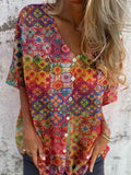 Women's Art Vintage Kantha Geometric Print Floral Shirt Style Cotton and Linen Top