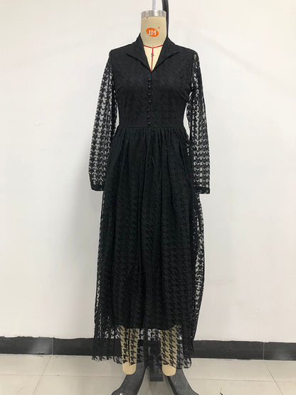 High Waisted Long Sleeves Buttoned Gauze See-through Color V-neck Maxi Dresses