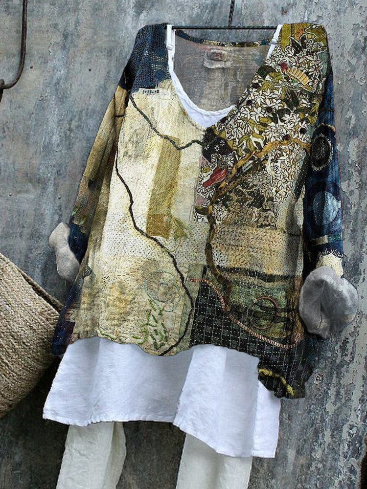 Vintage Japanese Thread Stitching Pattern Women's Linen Shirt elevenforest