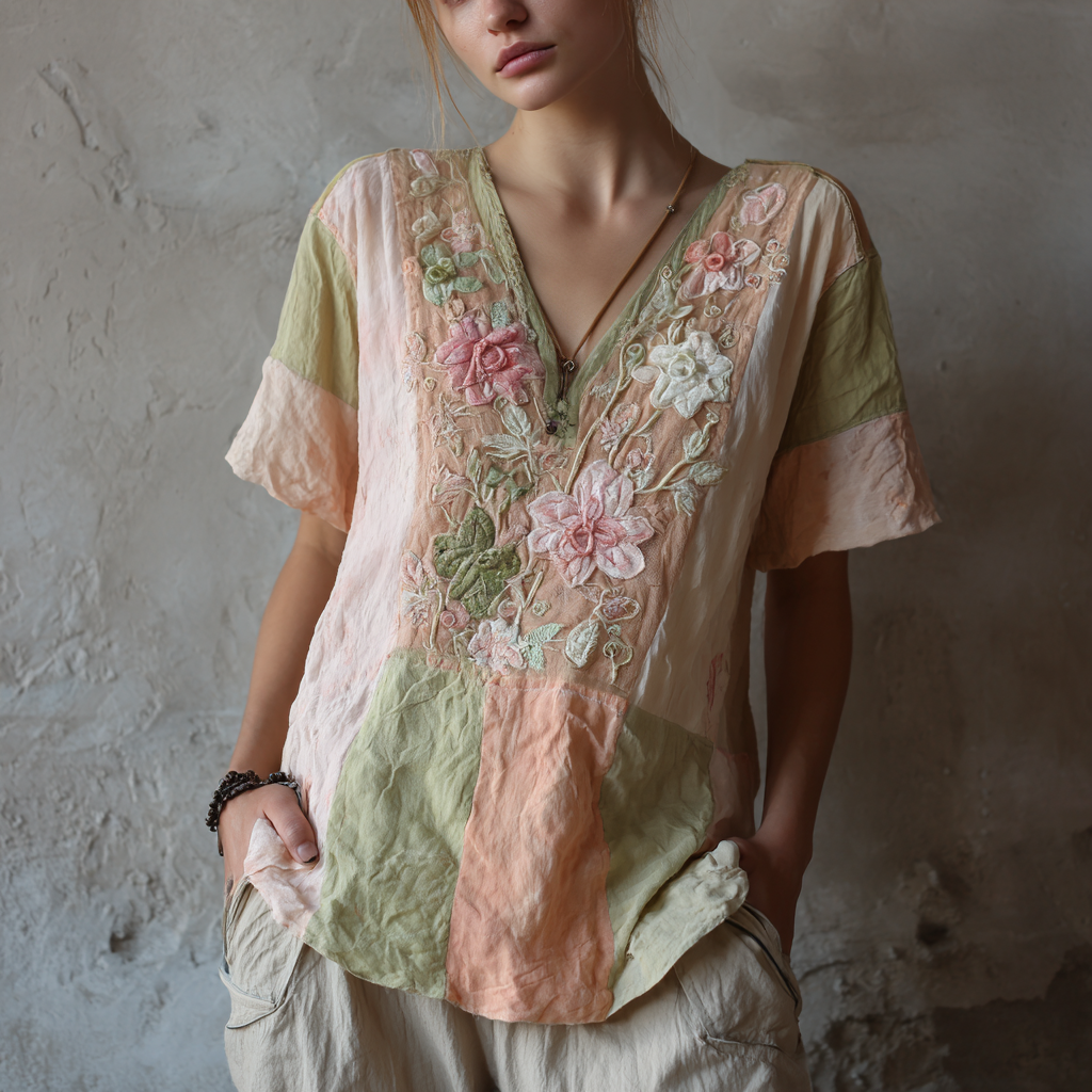 Women's Vintage Floral Art Stitching V-neck T-shirt elevenforest