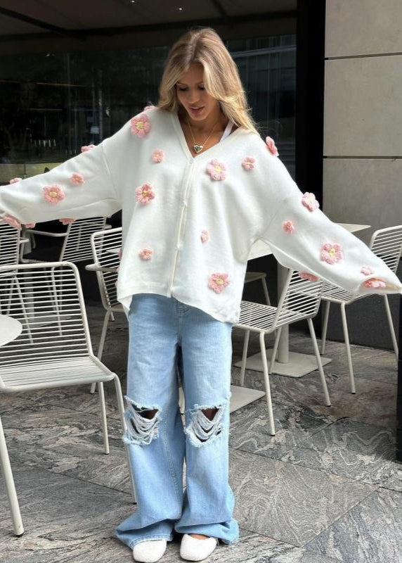 Blush Bloom - 3d Knit Cardigan With V-neck