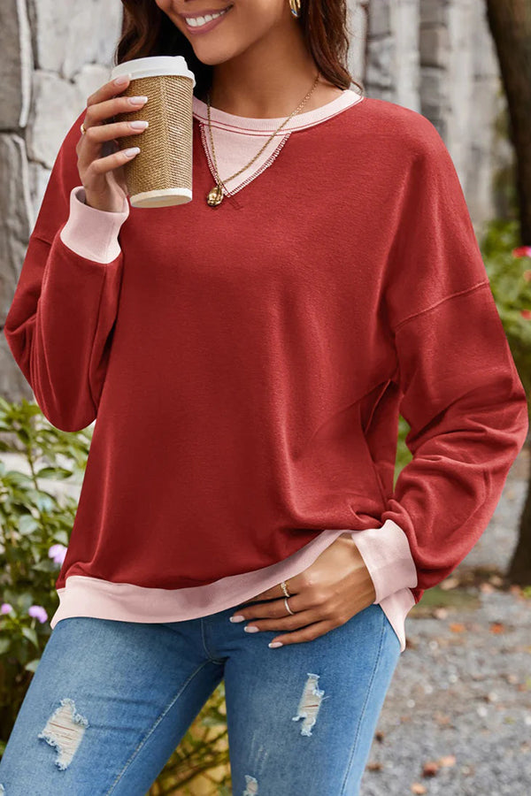 Fashionable Contrasting Color Loose Long-sleeved Sweatshirt