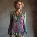 Vintage Lavender Floral Fiber Art Gradient Flowy Linen Shirt elevenforest