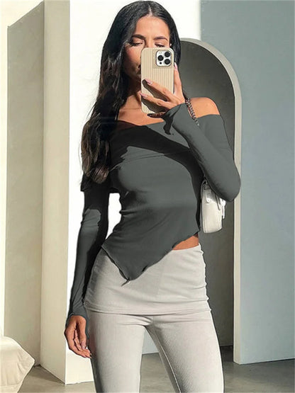 Off-shoulder Ribbed Slim Crop Top Tee Long Sleeve Patchwork Y2k Top Female T-shirt