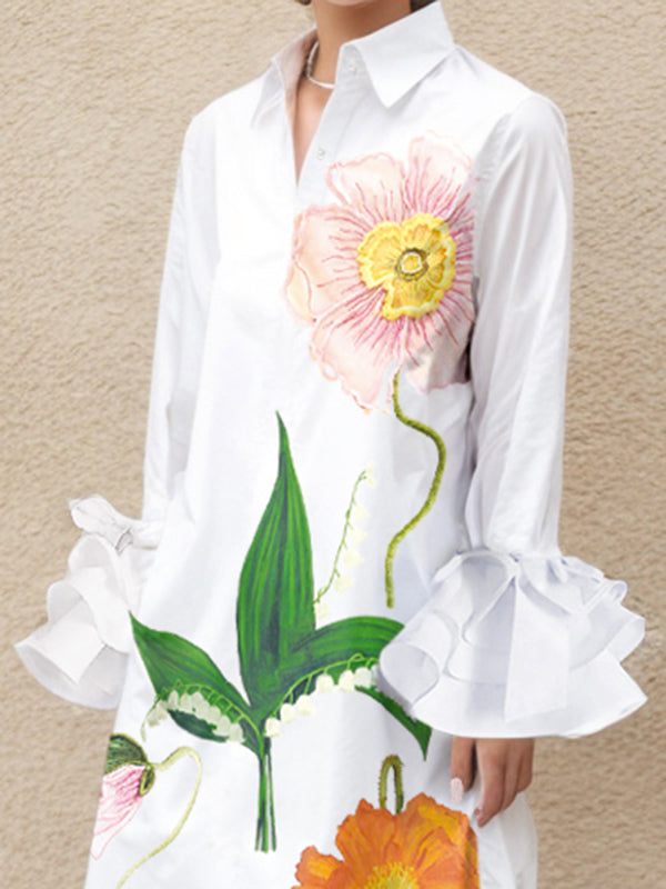 A-line Flared Sleeves Printed Split-joint Split-side Lapel Collar Maxi Dresses Shirt Dress