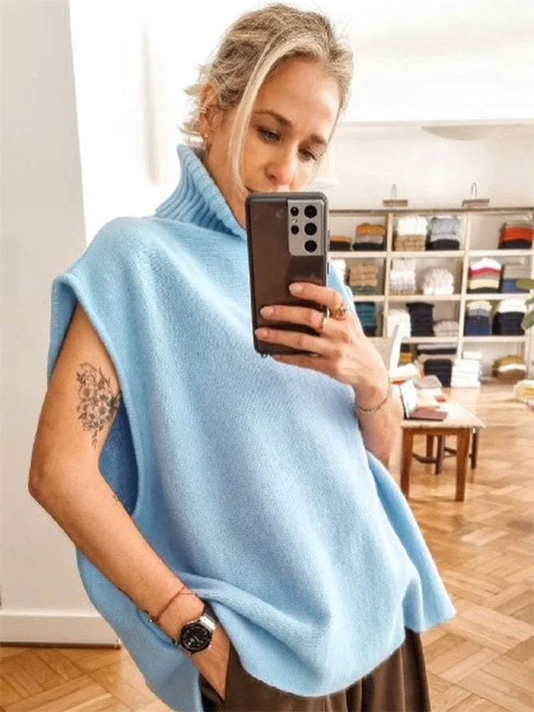 Loose Female Turtleneck Top Sleeveless High Street Knit Pullover Autumn Knitwear Oversized Sweater