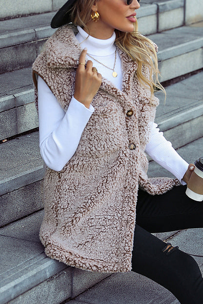 Lapel Sleeveless Pocket Loose Long Vest Coat