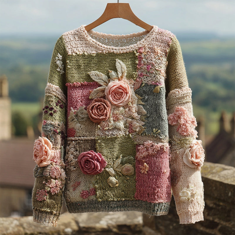 Vintage Roses Embroidered Patchwork Cozy Knitted Sweater artswardrobe