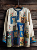 Boho Floral & Cats Embroidered Art Women's Linen Shirt elevenforest