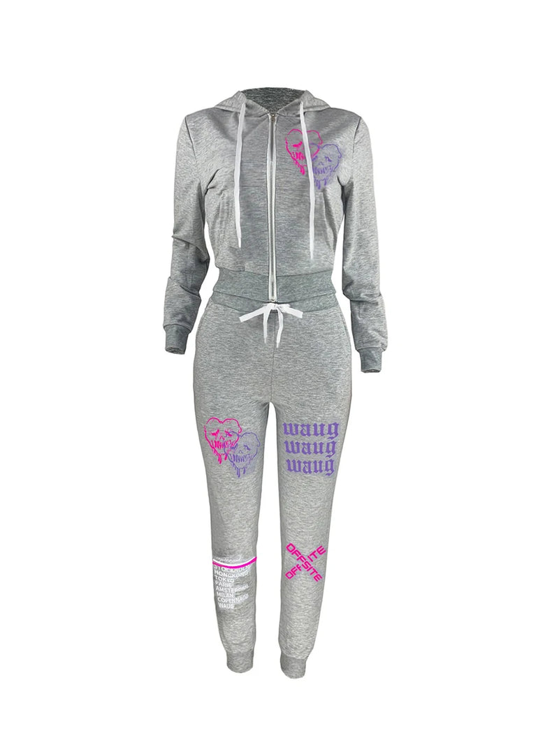 Simple Two Piece Set Sporty Long Sleeve Zipper Design Top Hooded Collar Broken Heart Print Female Tracksuit Set