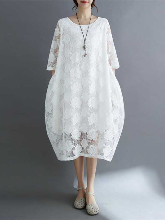 Half Sleeves Loose Hollow Color Round-neck Midi Dresses