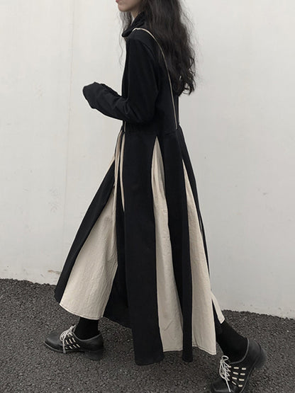 Original Contrast Color Split-joint High-neck Midi Dress