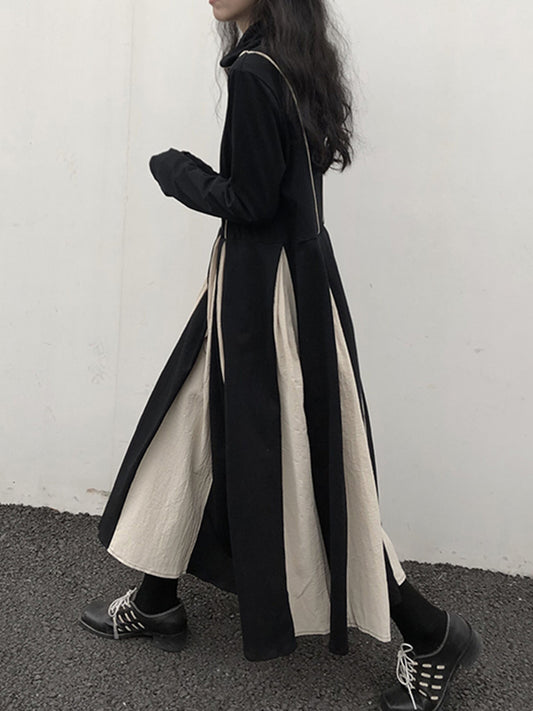 Original Contrast Color Split-joint High-neck Midi Dress