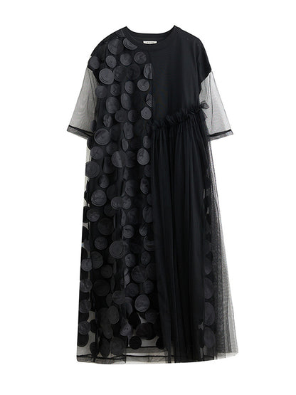 Loose Short Sleeves Asymmetric Gauze Split-joint Round-neck Midi Dresses
