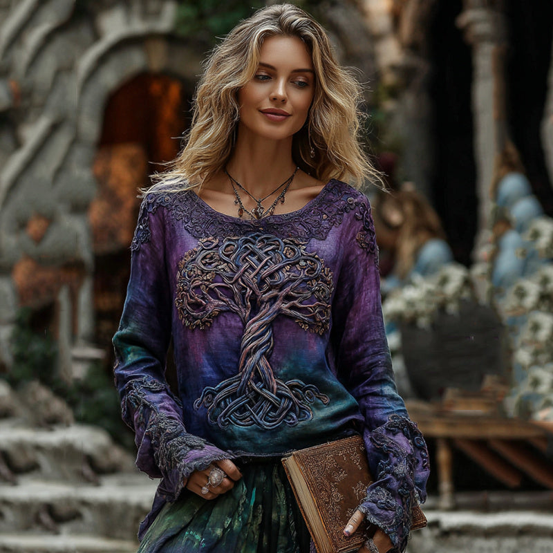 Women's Classic Viking Tree Of Life With Celtic Knot Art Gradient Linen Long Sleeve Shirt elevenforest